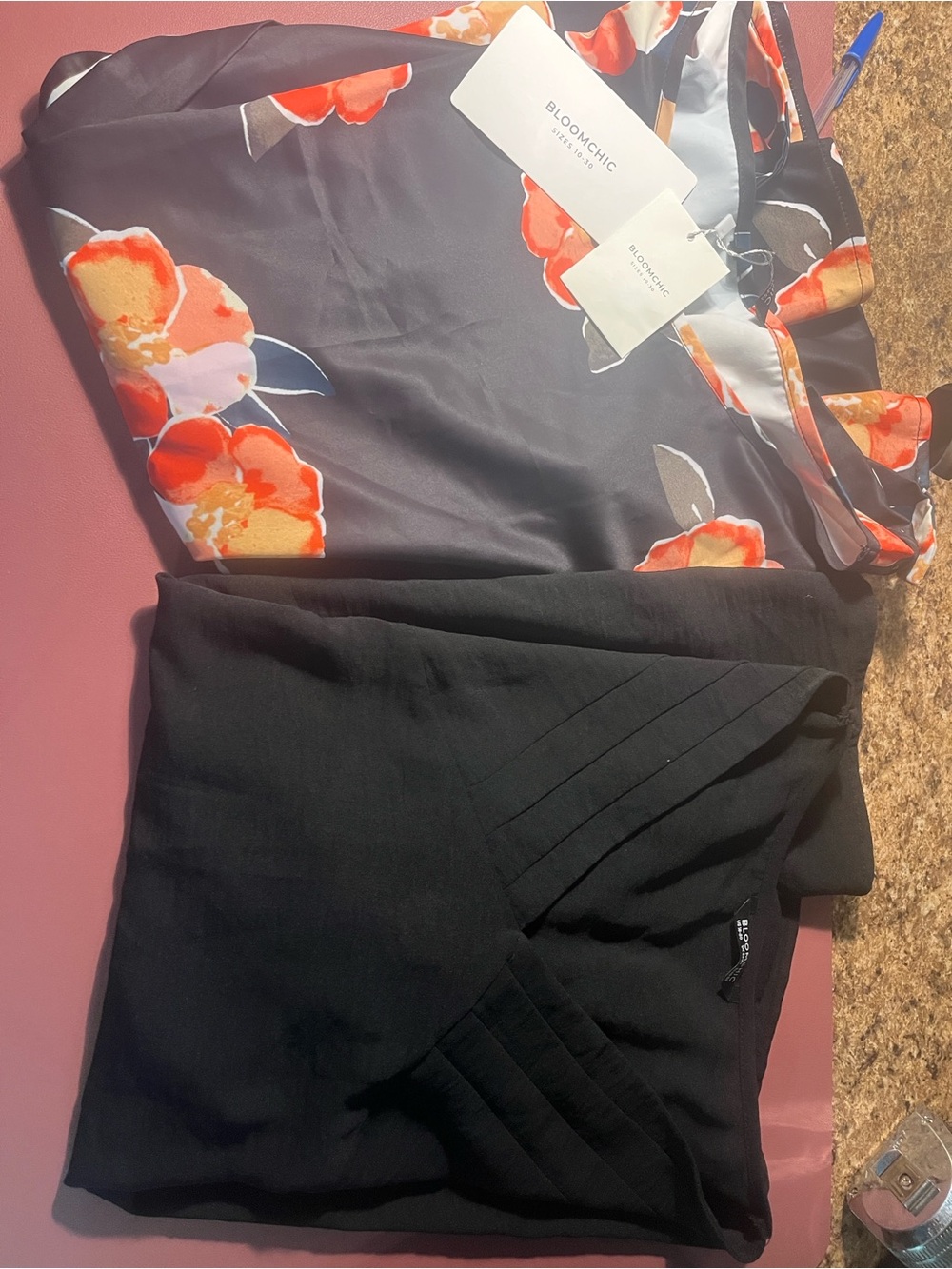 2shirts BloomChic Black Satin Top with Orange and Cream Floral and a black top